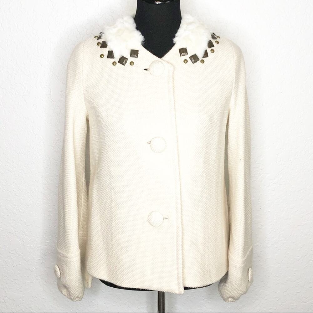 Rebecca Taylor cream‎ tweed fur studded collar wool blend blazer size 6
